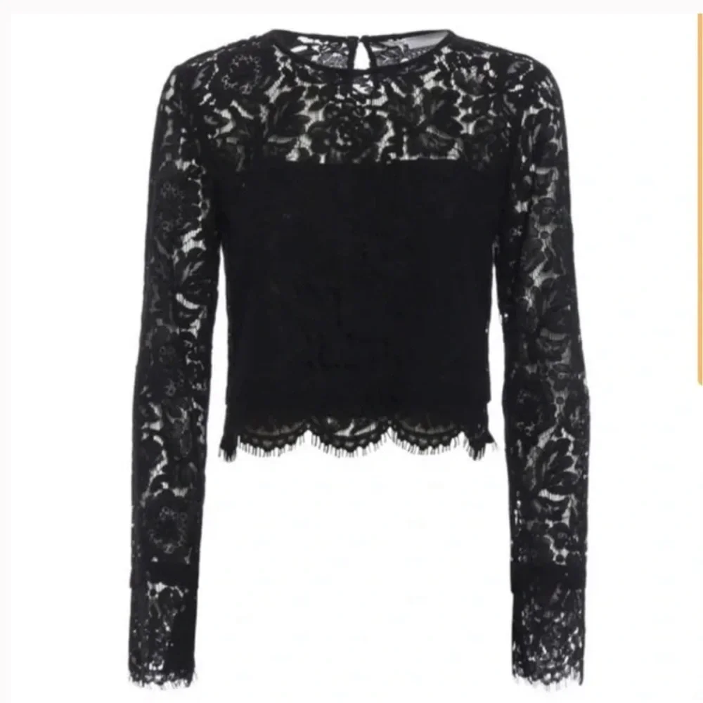 DIANE VON FURSTENBERG Blouse Yeva Long Sleeve Lace Top Black Size 0  MSRP $458